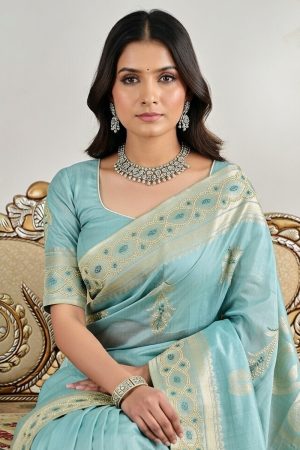 Designer Silk Saree In Cyan 600743 02