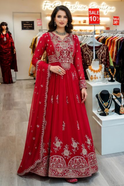 Embroidered Georgette Gown In Red 202312 01
