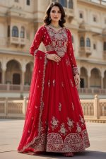 Embroidered Georgette Gown In Red 202312 01