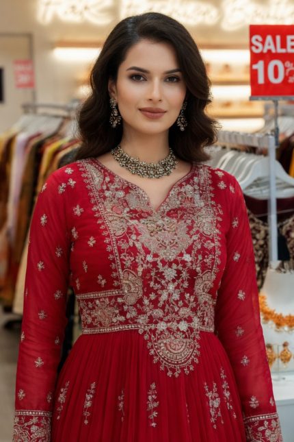 Embroidered Georgette Gown In Red 202312 02