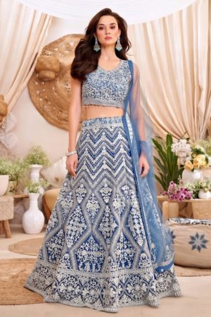 Embroidered Net Lehenga Choli In Blue 202176 01