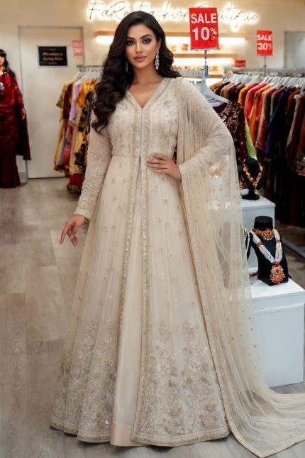Embroidered Silk Gown In Beige 202269 01