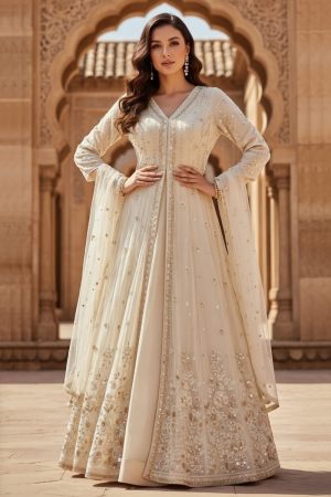 Embroidered Silk Gown In Beige 202269 01