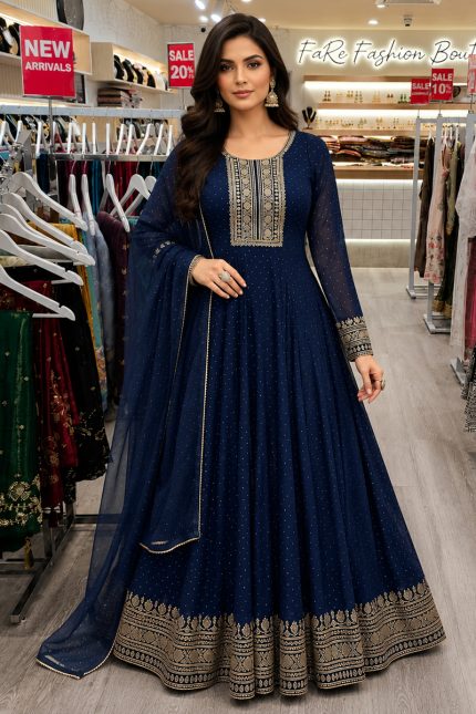 Embroidered Silk Gown In Blue 202291 001