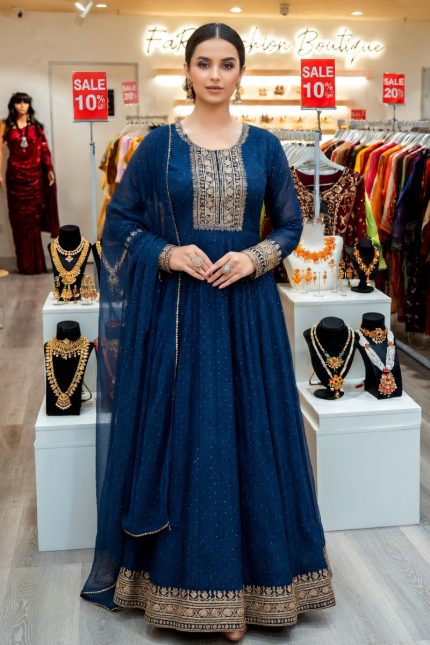 Embroidered Silk Gown In Blue 202291 01
