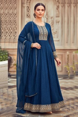 Embroidered Silk Gown In Blue 202291 01