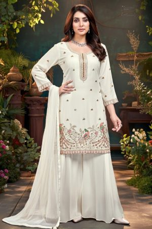 Embroidered Silk Plazo Salwar Suit In White 202174 01