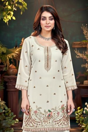 Embroidered Silk Plazo Salwar Suit In White 202174 02