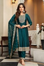 Embroidered Silk Short Anarkali Salwar Suit In Green 202157 01