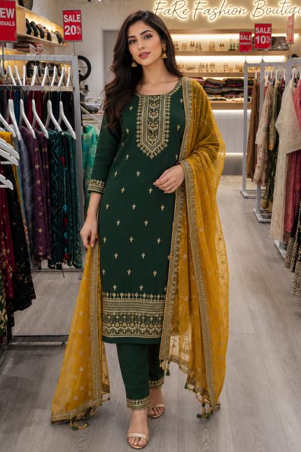 Embroidered Silk Straight Pant Salwar Suit In Green 202171 01
