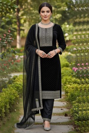 Embroidered Velvet Salwar Suit In Black 202160 01