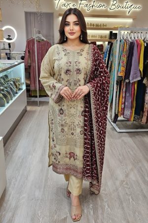 Embroidery Chiffon Salwar Suit In Beige 202339 01