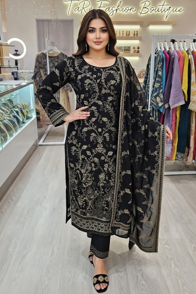 Embroidery Chiffon Salwar Suit In Black 202334 01