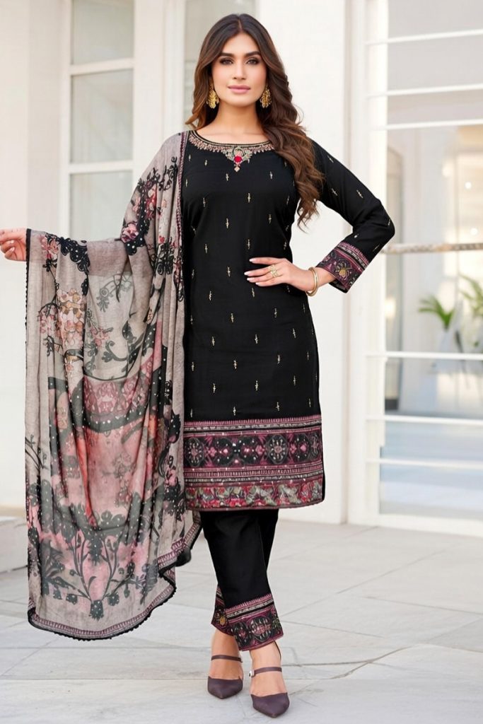 Silk Straight Pant Salwar Suit In Black 202200 01