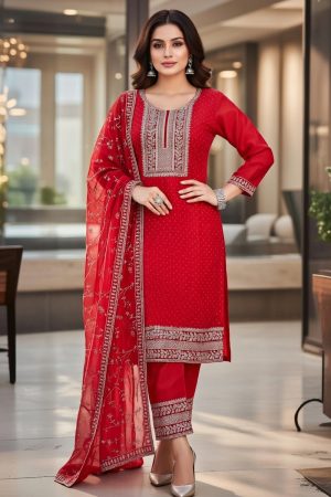 Silk Straight Pant Salwar Suit In Red 202203 01