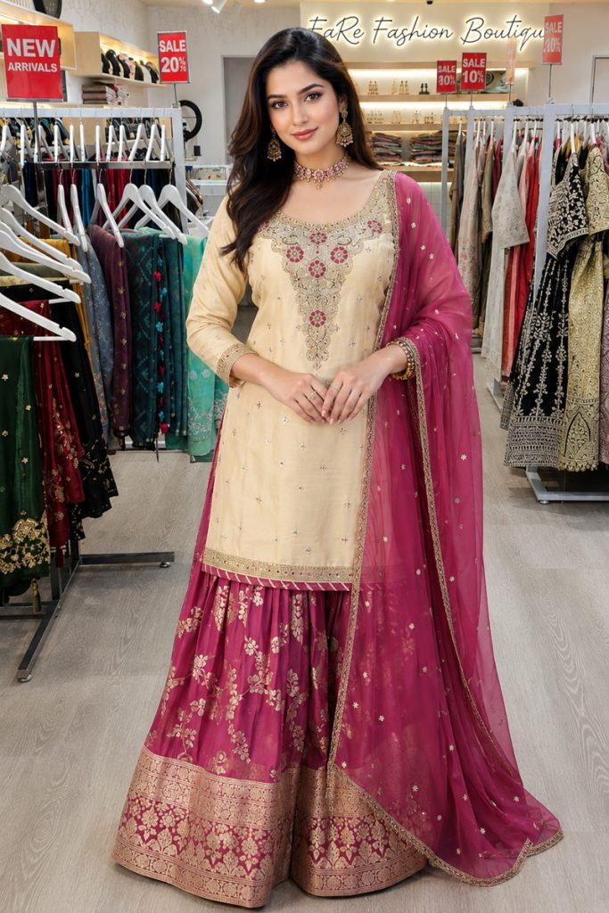 Straight Gharara Salwar Suit In Beige 202286 01