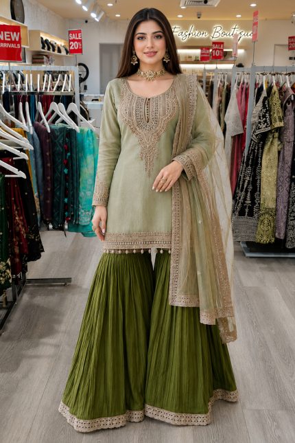 Straight Gharara Salwar Suit In Green 202284 01