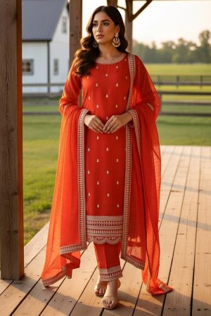 Straight Pant Salwar Suit In Orange 202193 01