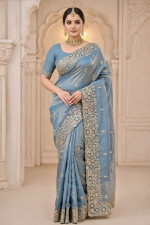 Designer Silk Saree In Cyan 600738 01