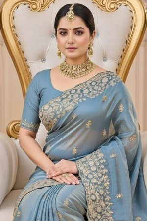 Designer Silk Saree In Cyan 600738 02