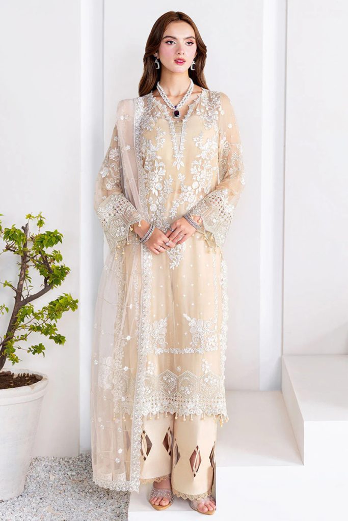 Ramsha Embroidered Chiffon Salwar Suit In Beige 202363 01