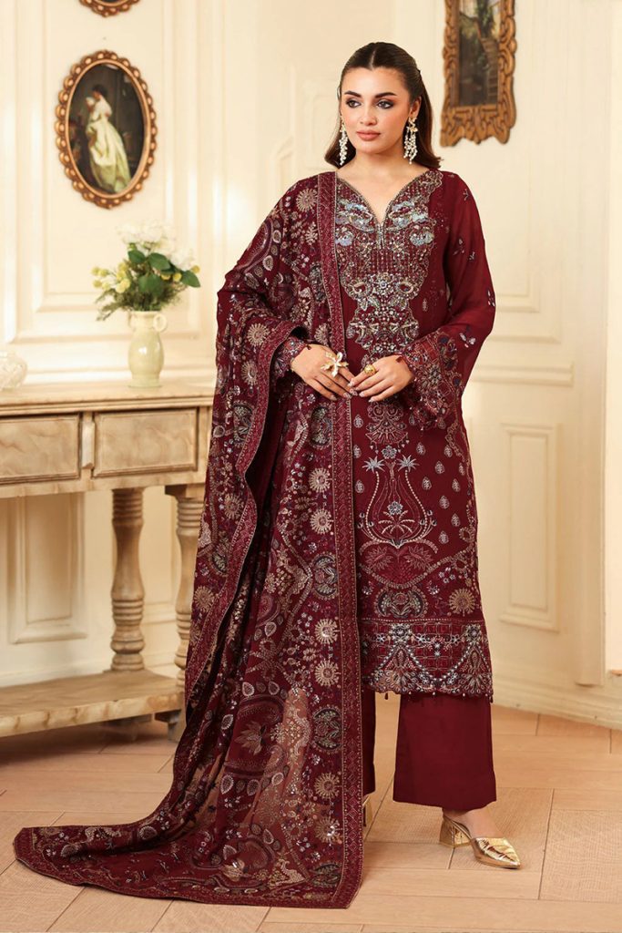 Ramsha Embroidered Chiffon Salwar Suit In Maroon 202376 01
