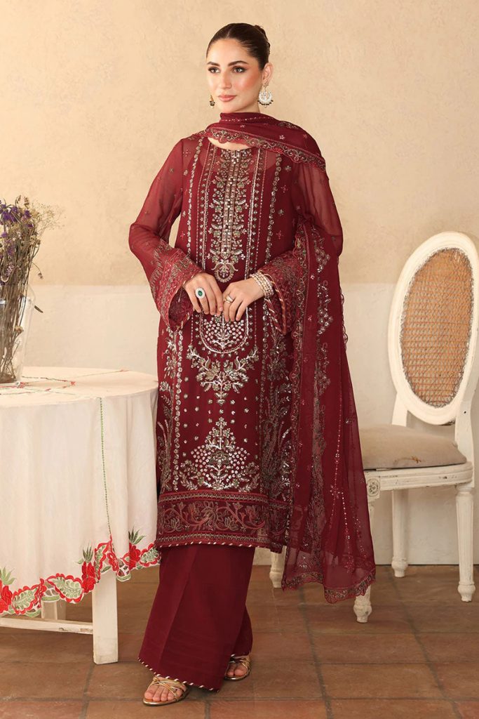 Ramsha Embroidered Chiffon Salwar Suit In Maroon 202384 01