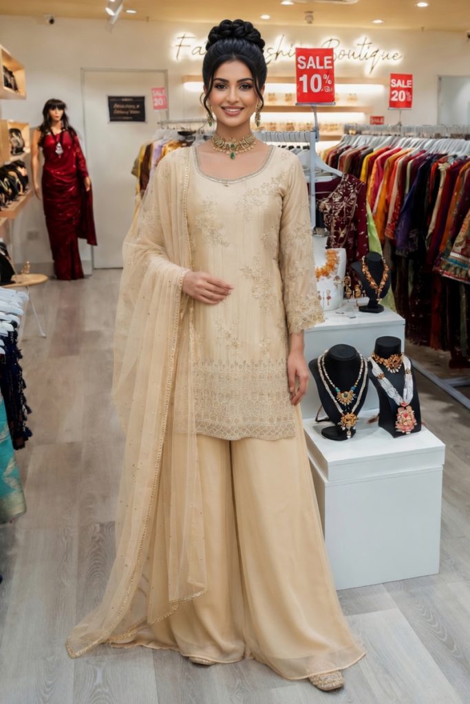 Straight Plazzo Salwar Suit In Beige 202424 01