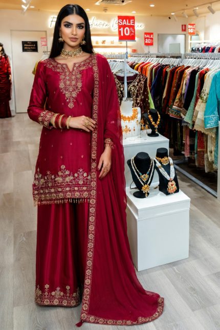 Straight Plazzo Salwar Suit In Red 202486 01